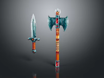 Decorative Fantasy Weapons Sword And Axe With Blue Red Accents And Detailed Design 3d model