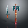 Decorative Fantasy Weapons Sword And Axe With Blue Red Accents And Detailed Design