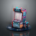 Colorful Retro Arcade Game Machine With Screen Buttons Coin Slot Coins On Base And Seat