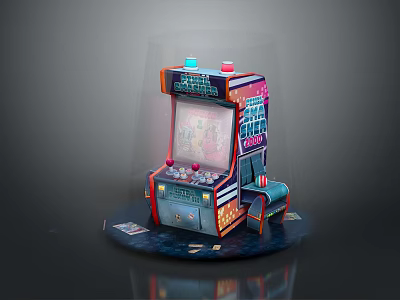 Colorful Retro Arcade Game Machine With Screen Buttons Coin Slot Coins On Base And Seat 3d model