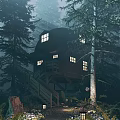 Elevated Wooden Treehouse With Dome Roof Staircase Surrounded By Lush Forest Trees