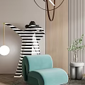 Turquoise Casual Sofa Set In Modern Interior With Striped Backdrop Floor Lamp And Green Plant