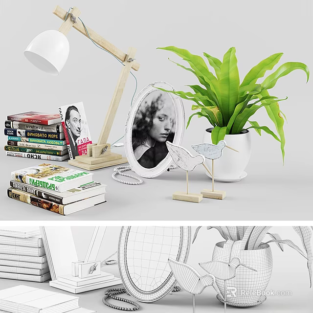 Modern Home Decorative Ornament Combination With Stacked Books Table Lamp Photo Frame And Potted Plant 3d model 