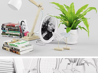 Modern Home Decorative Ornament Combination With Stacked Books Table Lamp Photo Frame And Potted Plant 3d model