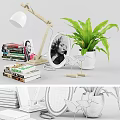 Modern Home Decorative Ornament Combination With Stacked Books Table Lamp Photo Frame And Potted Plant