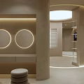 Modern Beauty Salon Interior With Curved Walls Ceilings Circular Skylights White Shutters And Beige Tones