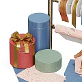 Colorful Gift Boxes With Gold Bows And Hanging Decorative Ribbons Arranged Neatly
