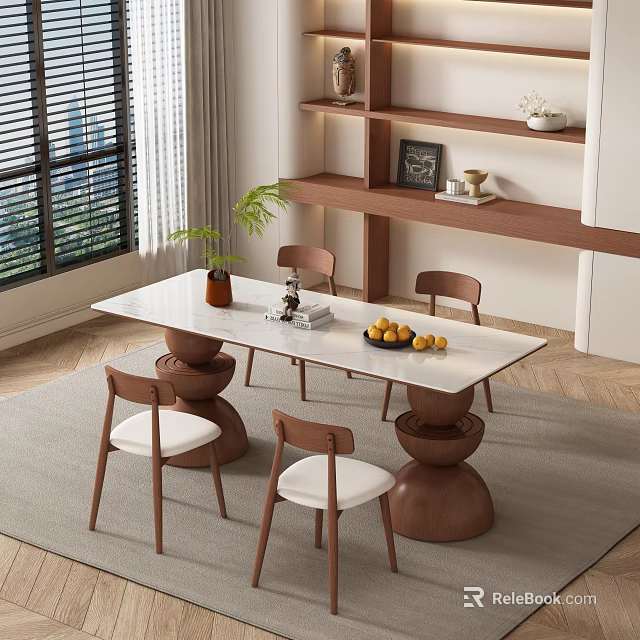 Cozy Modern Dining Room With White Dining Table Wooden Chairs Fruit Platter And Wooden Shelf 3d model 