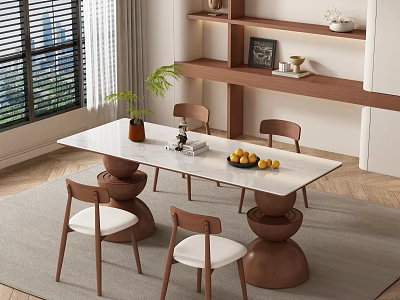 Cozy Modern Dining Room With White Dining Table Wooden Chairs Fruit Platter And Wooden Shelf 3d model