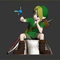 3D Character In Green Outfit Sitting On Tree Stump With Blue Windmill And Brown Boots