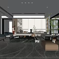 Modern Living And Dining Room With Sofa Coffee Table Green Plants And Wall Art