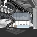 Modern Dance Concept Reception Area With Silver Spiral Slide And Glass Walls In Lively Indoor Space