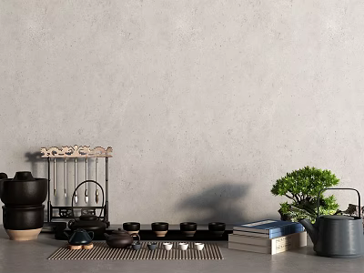 Traditional Tea Set With Decorative Rack Small Potted Plant And Books On Gray Wall Background 3d model