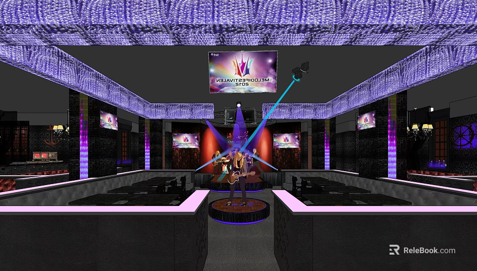 Stylish Bar Interior With Purple Lighting Stage And Large Screen Setup 3d model 