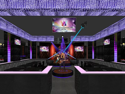 Stylish Bar Interior With Purple Lighting Stage And Large Screen Setup 3d model