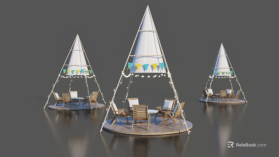 Tepee Style Tents With Colorful Bunting And Wooden Tables Chairs In Outdoor Patio Area 3d model 
