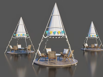 Tepee Style Tents With Colorful Bunting And Wooden Tables Chairs In Outdoor Patio Area 3d model