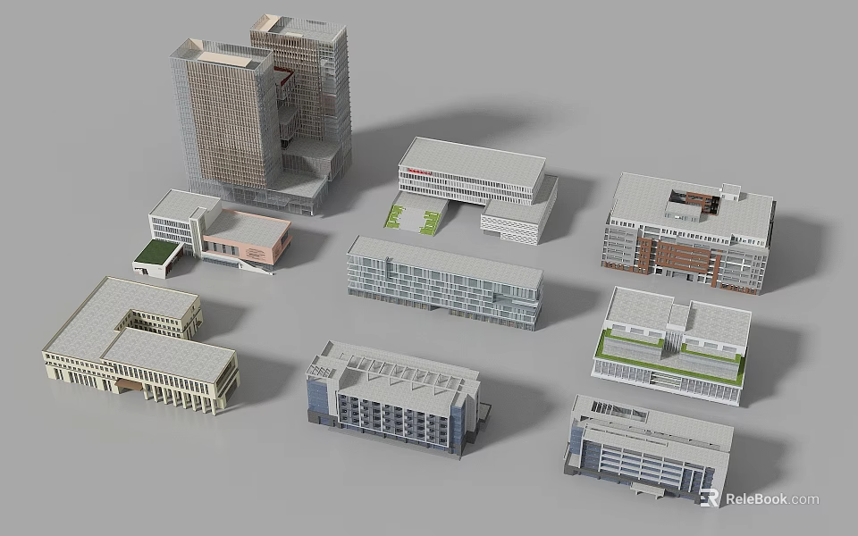 Various Office Building Architectural Models With Different Design Styles And Structures 3d model