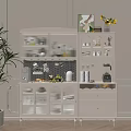 Modern White Sideboard with Glass Door Cabinets Fruits Kitchen Appliances and Storage
