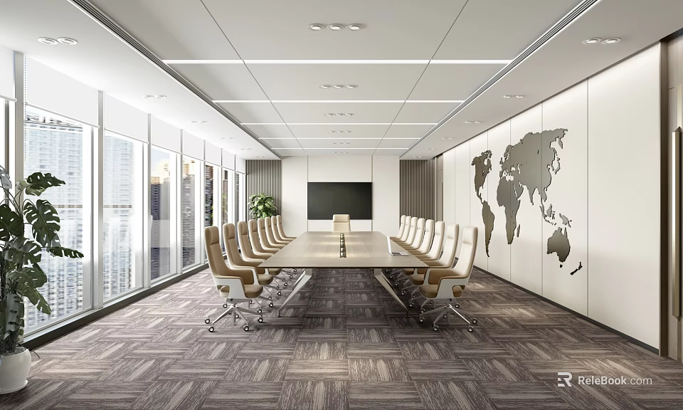 Modern Spacious Conference Room Interior With Long Table Chairs And World Map Wall Decor 3d model 