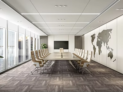Modern Spacious Conference Room Interior With Long Table Chairs And World Map Wall Decor 3d model