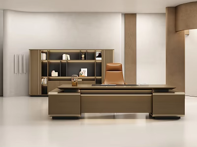 Modern Office Desk With Brown Chair And Bookshelf Featuring Books And Decorations 3d model