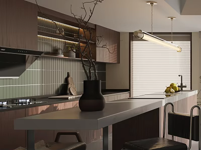 Modern Kitchen Interior With Wooden Cabinets Island Counter Pendant Light Blinds And Vase With Branches 3d model