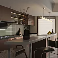 Modern Kitchen Interior With Wooden Cabinets Island Counter Pendant Light Blinds And Vase With Branches