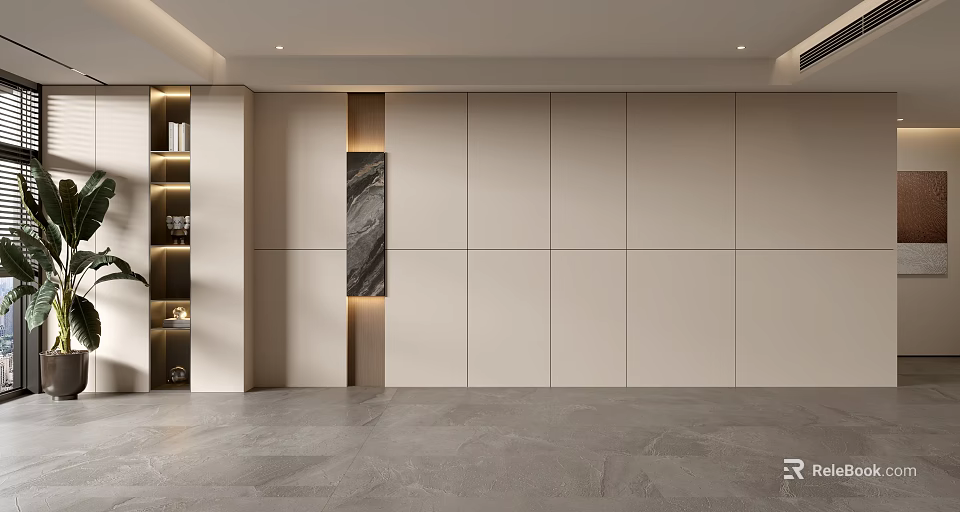 Modern Sofa Background Wall Interior Design With Beige Panel Recessed Lighting And Dark Decorative Strip 3d model