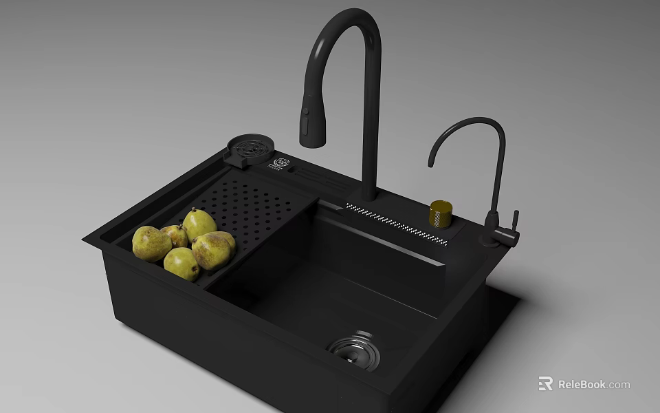 Modern Black Kitchen Sink With Double Faucets Drainer Section And Potatoes 3d model 
