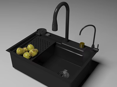 Modern Black Kitchen Sink With Double Faucets Drainer Section And Potatoes 3d model
