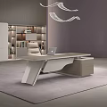 Elegant Modern Office Desk Interior With Laptop Chair Bookshelf And Decorations