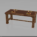Rustic Wooden Long Dining Table With Four Trays Of Fresh Fruits And Vegetables