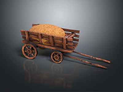 Rustic Vintage Wooden Cart Filled With Hay And Spoked Wheels On Dark Background 3d model
