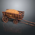 Rustic Vintage Wooden Cart Filled With Hay And Spoked Wheels On Dark Background