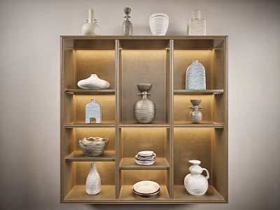 Ceramic Vessels Display On Wooden Shelf With Various Shapes And Designs 3d model