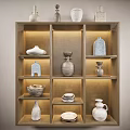Ceramic Vessels Display On Wooden Shelf With Various Shapes And Designs