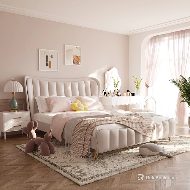Kids Room Interior Design With Soft Pink Walls White Headboard Pink Pillows And Stuffed Toys 3d model 