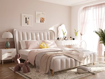 Girl's Bed Princess Bed Furniture Bed Double Bed Girl's Bed Princess Bed Cream Style Bedside Table Lamp 3d model