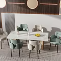 Modern Dining Table Set With Marble Tabletop Light Green Beige Chairs And Decorative Items 3d model