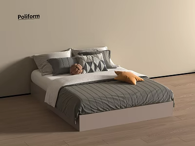 Single Bed with Multiple Pillows Brown Teddy Bear Orange Cushion Gray Striped Bedspread Light Frame 3d model