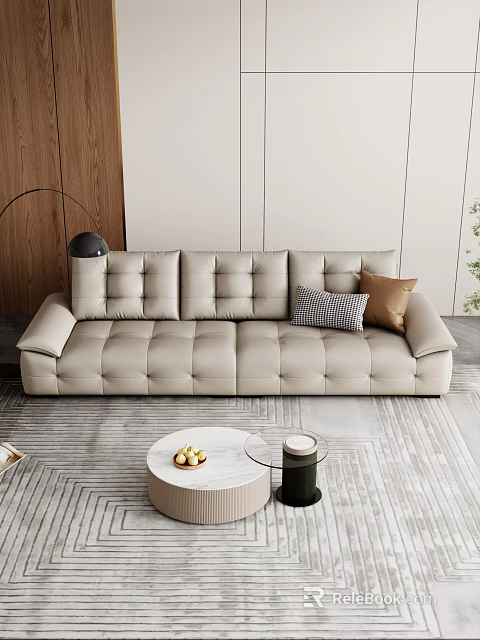 Modern Beige Leather Sofa And Coffee Table Set With Marble Top Accent Pillows 3d model