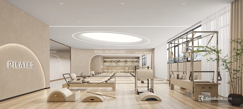 Spacious Modern Fitness Studio With Yoga Equipment Wooden Flooring And Round Skylight 3d model 
