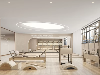 Spacious Modern Fitness Studio With Yoga Equipment Wooden Flooring And Round Skylight 3d model