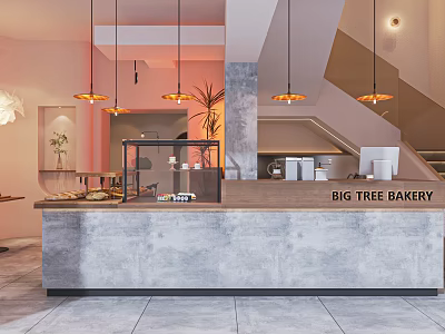Cozy Big Tree Bakery Interior With Dessert Display Counter And Hanging Lights 3d model