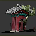 Traditional Chinese Entrance Gate Featuring Red Pillars Tile Roof Brick Walls And Green Plants