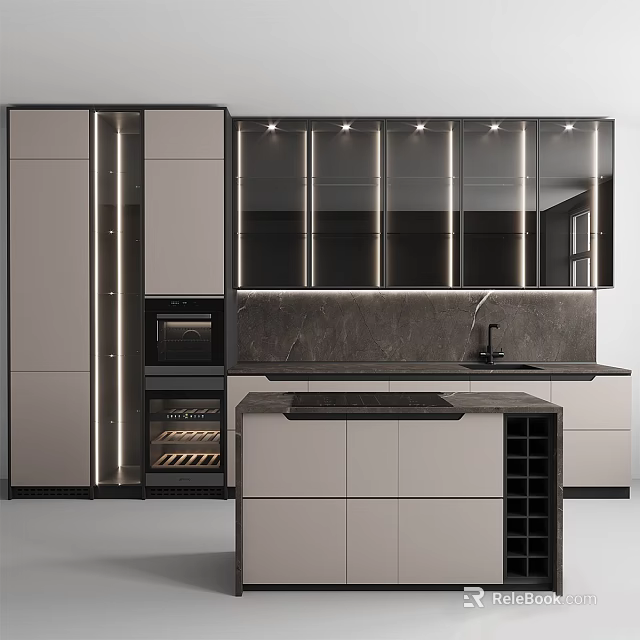 Modern Kitchen Interior Design With Light Cabinets Dark Countertop Island And Wine Rack Lighting 3d model 