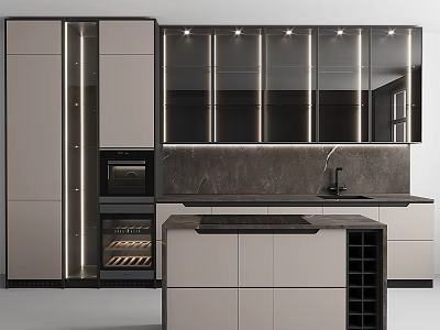 Modern Kitchen Interior Design With Light Cabinets Dark Countertop Island And Wine Rack Lighting 3d model