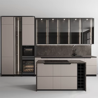 Modern Kitchen Interior Design With Light Cabinets Dark Countertop Island And Wine Rack Lighting 3d model