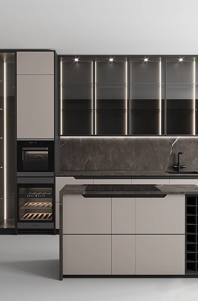Modern Kitchen Interior Design With Light Cabinets Dark Countertop Island And Wine Rack Lighting 3d model